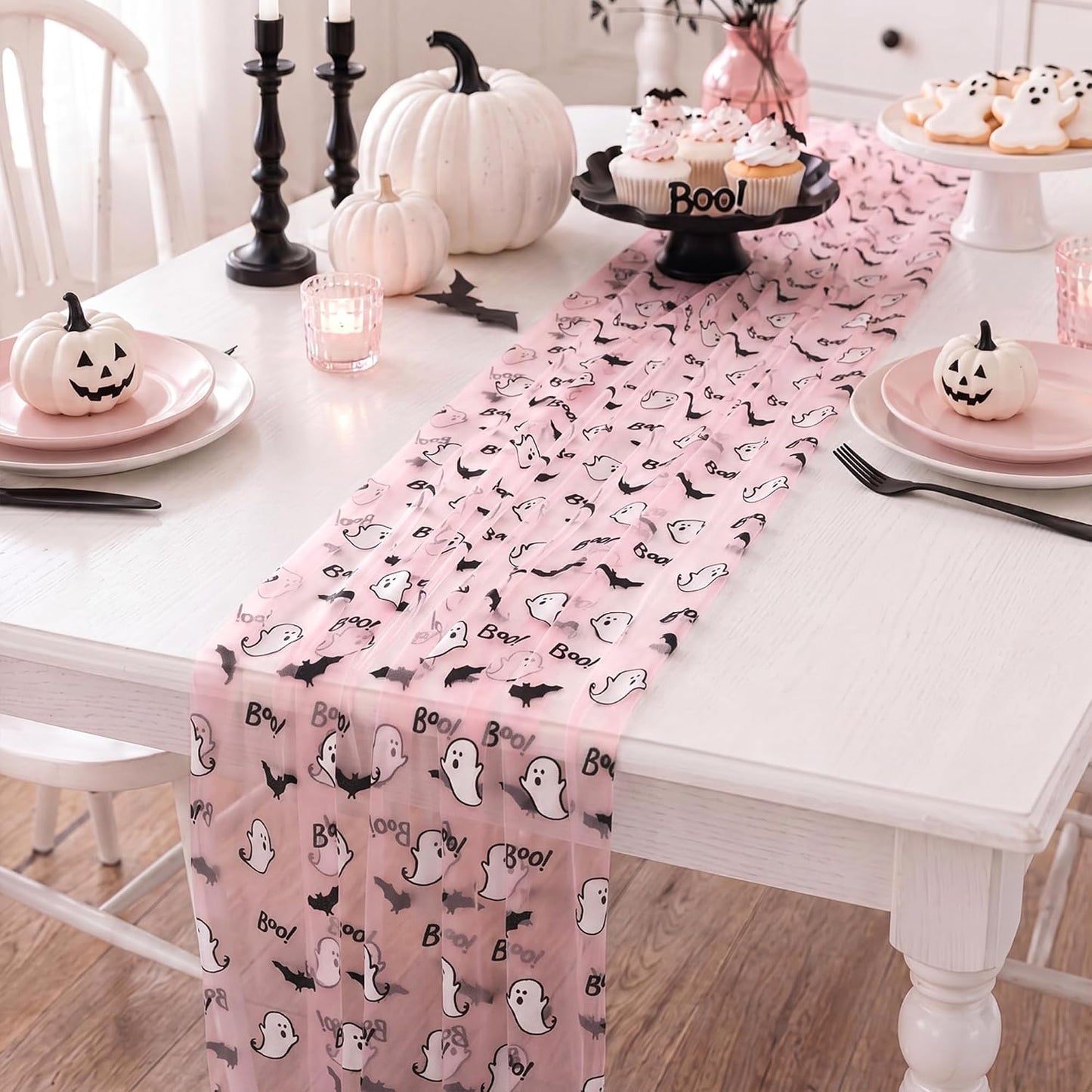 4 Pcs Pink Halloween Table Runners 29 x 70 in Ghosts Bats Party Decor