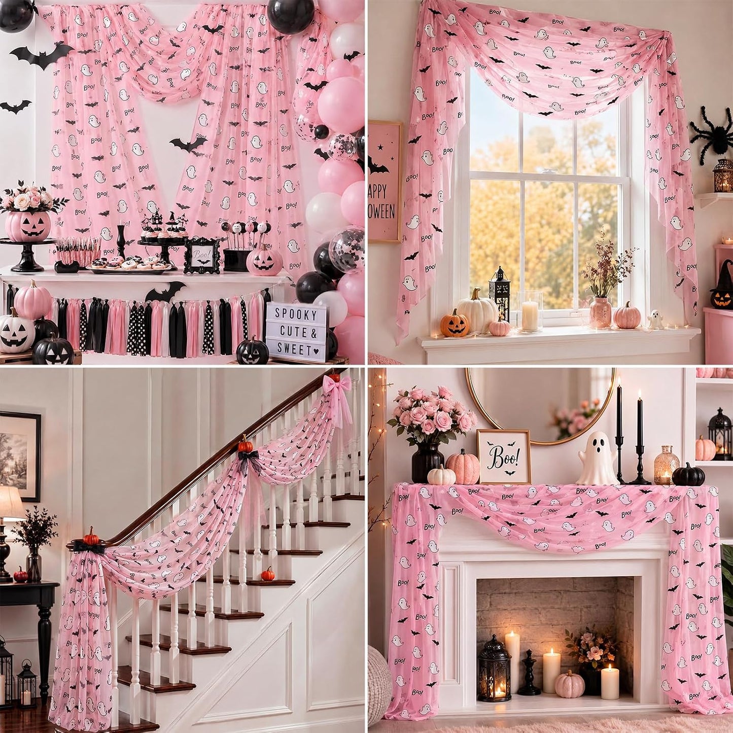 4 Pcs Pink Halloween Table Runners 29 x 70 in Ghosts Bats Party Decor