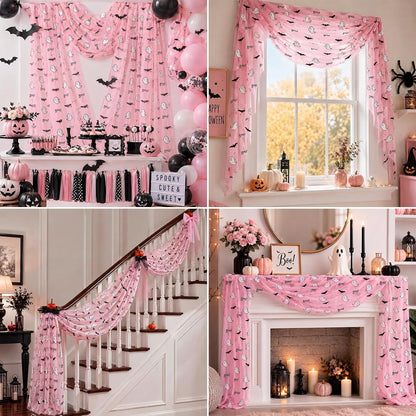 4 Pcs Pink Halloween Table Runners 29 x 70 in Ghosts Bats Party Decor