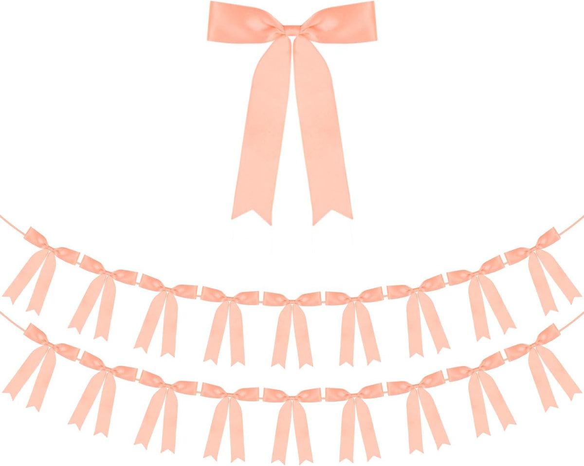 Peach Bow Garland Banner 2 Strings 18PCS, Pre-Strung Satin Ribbon Bow Ornaments for Birthday, Baby Shower, Bridal Shower, Wedding, Bachelorette Party, Engagement, Anniversary, Graduation Decor