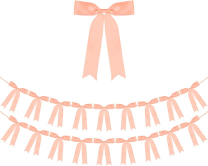 Peach Bow Garland Banner 2 Strings 18PCS, Pre-Strung Satin Ribbon Bow Ornaments for Birthday, Baby Shower, Bridal Shower, Wedding, Bachelorette Party, Engagement, Anniversary, Graduation Decor