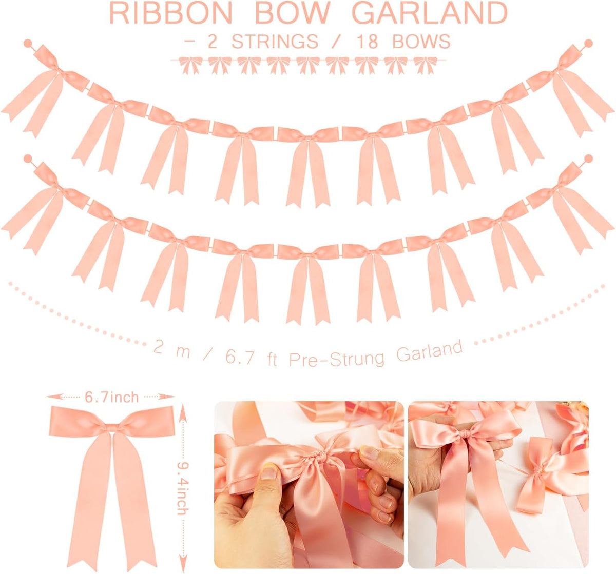 Peach Bow Garland Banner 2 Strings 18PCS, Pre-Strung Satin Ribbon Bow Ornaments for Birthday, Baby Shower, Bridal Shower, Wedding, Bachelorette Party, Engagement, Anniversary, Graduation Decor