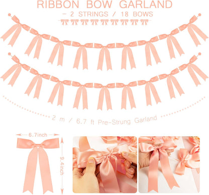 Peach Bow Garland Banner 2 Strings 18PCS, Pre-Strung Satin Ribbon Bow Ornaments for Birthday, Baby Shower, Bridal Shower, Wedding, Bachelorette Party, Engagement, Anniversary, Graduation Decor