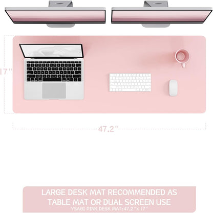 Non-Slip Leather Desk Pad Long Size, Waterproof Laptop Computer Desk Keyboard Mat, Table Protector Blotter Mat, Large Mouse Pad for Office/Work/Home/Decor(Pink, 47" x 17")