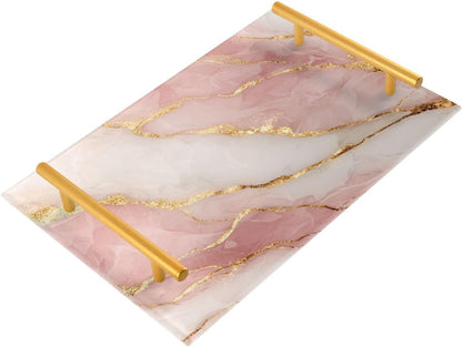 Pink Marble Pattern Serving Tray with Handles Bathroom Tray Vanity Trays for Home Bathroom Kitchen Decor Non-Slip Silicone Acrylic 8"x12"