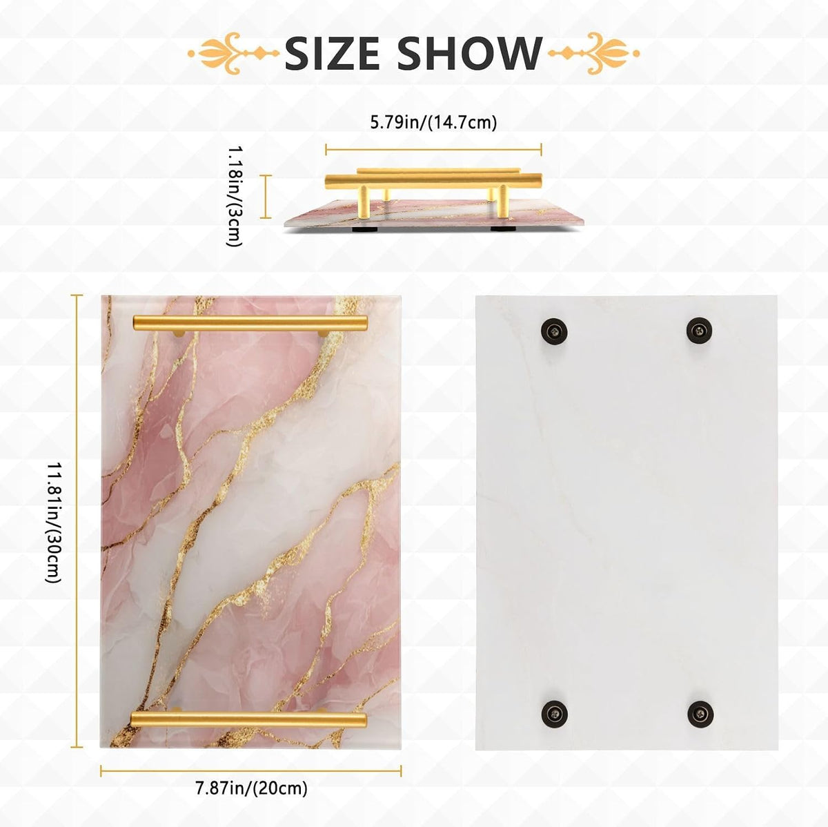 Pink Marble Pattern Serving Tray with Handles Bathroom Tray Vanity Trays for Home Bathroom Kitchen Decor Non-Slip Silicone Acrylic 8"x12"