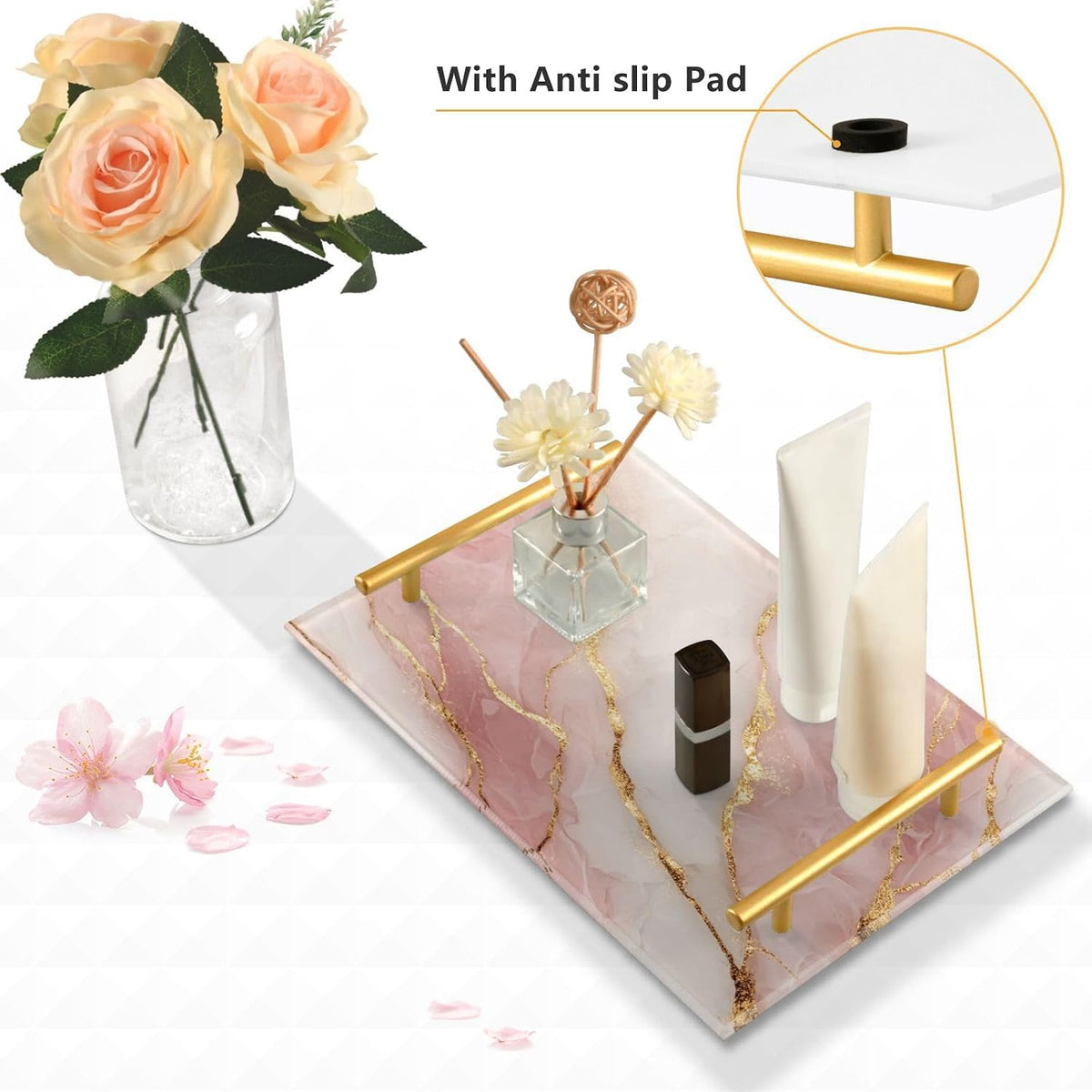 Pink Marble Pattern Serving Tray with Handles Bathroom Tray Vanity Trays for Home Bathroom Kitchen Decor Non-Slip Silicone Acrylic 8"x12"
