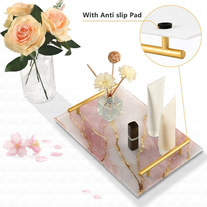 Pink Marble Pattern Serving Tray with Handles Bathroom Tray Vanity Trays for Home Bathroom Kitchen Decor Non-Slip Silicone Acrylic 8"x12"
