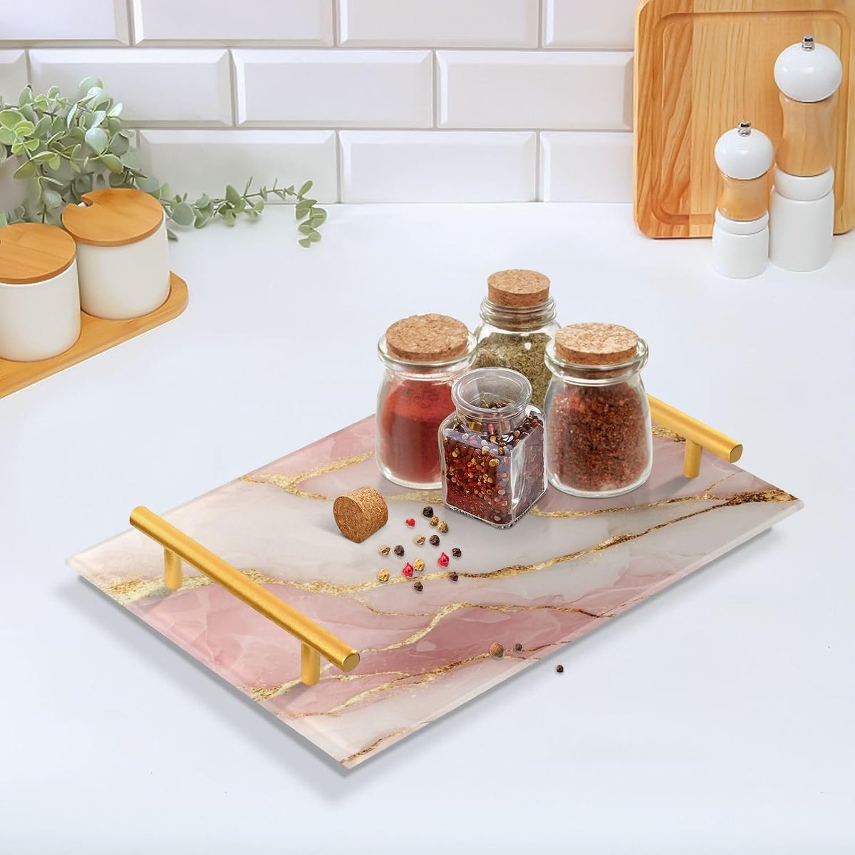 Pink Marble Pattern Serving Tray with Handles Bathroom Tray Vanity Trays for Home Bathroom Kitchen Decor Non-Slip Silicone Acrylic 8"x12"