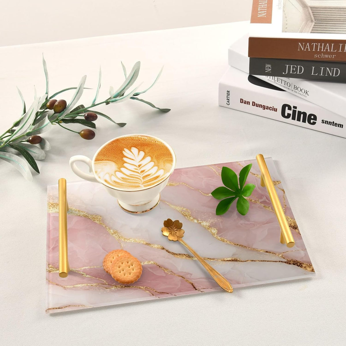 Pink Marble Pattern Serving Tray with Handles Bathroom Tray Vanity Trays for Home Bathroom Kitchen Decor Non-Slip Silicone Acrylic 8"x12"