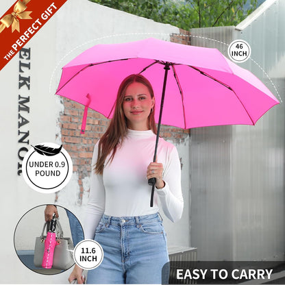 Anntrue Windproof Travel Umbrella, Auto Open Close Lightweight Compact Portable Backpack Folding Umbrella, Perfect for Car, Purse, Men and Women(Pink)