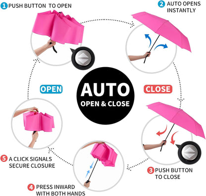 Anntrue Windproof Travel Umbrella, Auto Open Close Lightweight Compact Portable Backpack Folding Umbrella, Perfect for Car, Purse, Men and Women(Pink)
