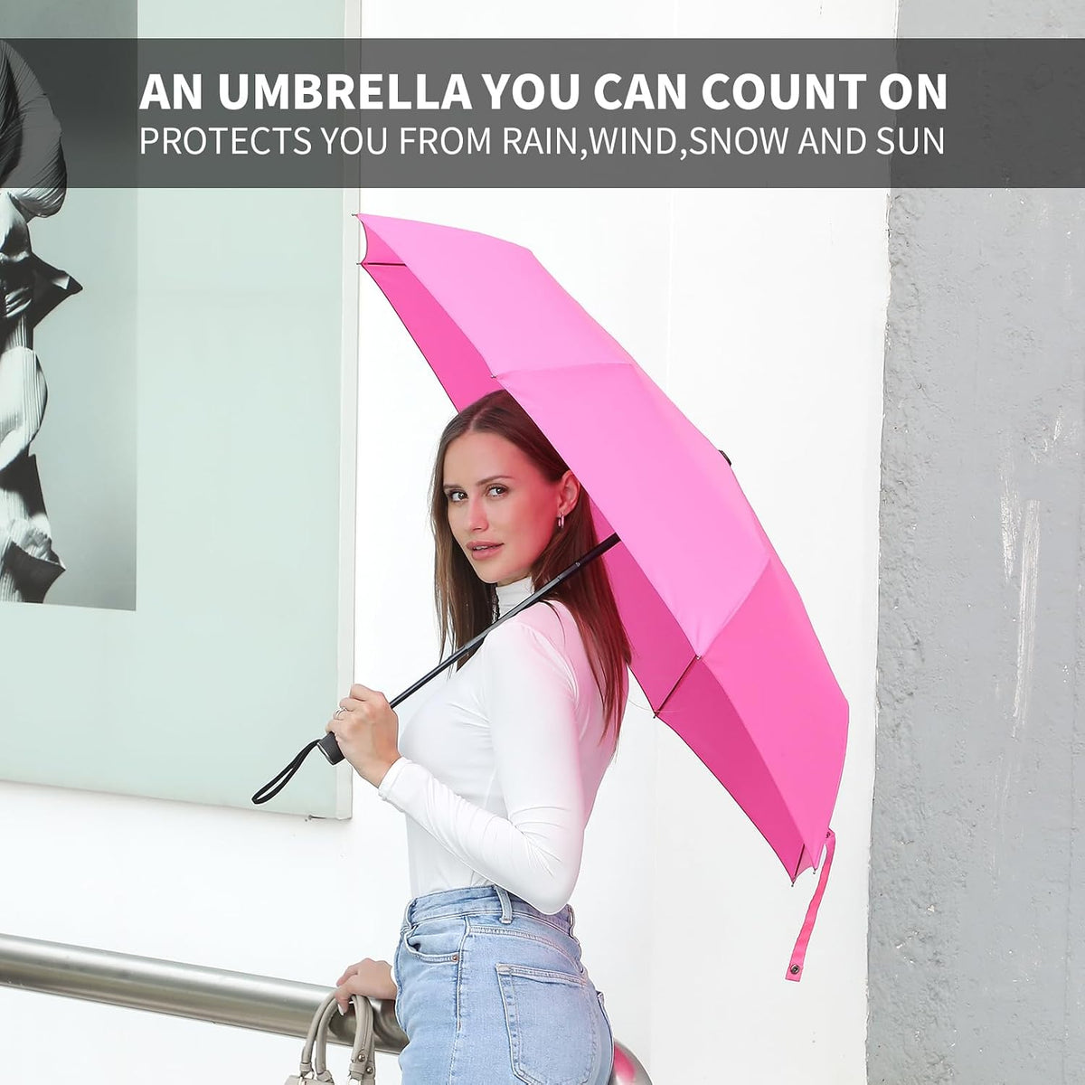 Anntrue Windproof Travel Umbrella, Auto Open Close Lightweight Compact Portable Backpack Folding Umbrella, Perfect for Car, Purse, Men and Women(Pink)