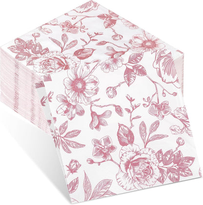 100 Pcs Pink White Floral Cocktail Napkins, Disposable Paper Party