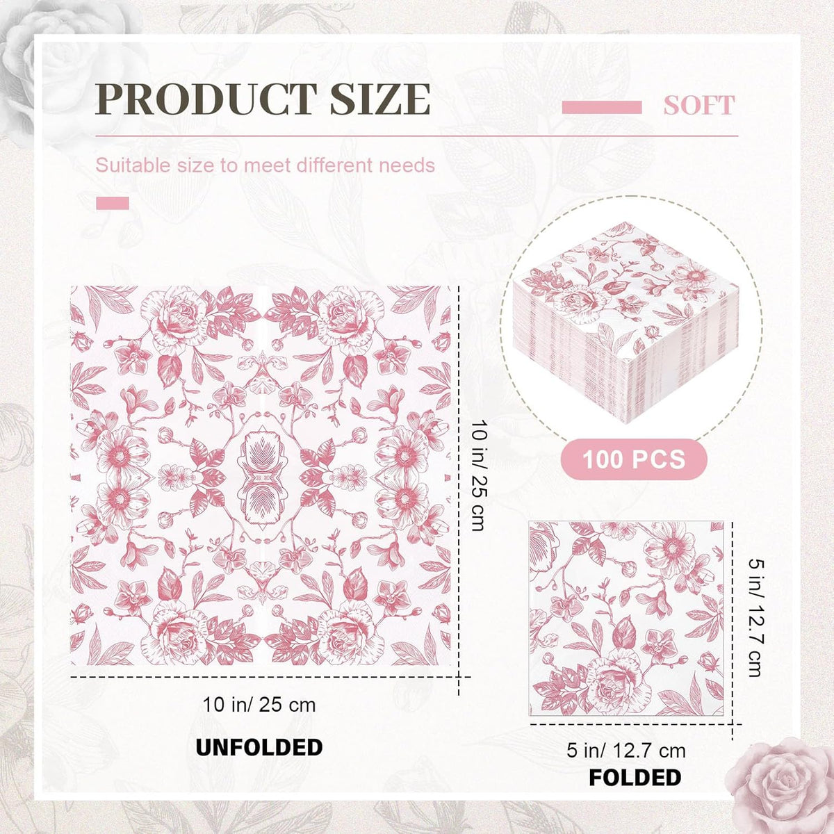 100 Pcs Pink White Floral Cocktail Napkins, Disposable Paper Party