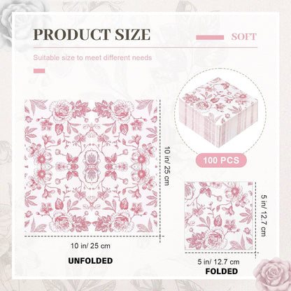 100 Pcs Pink White Floral Cocktail Napkins, Disposable Paper Party