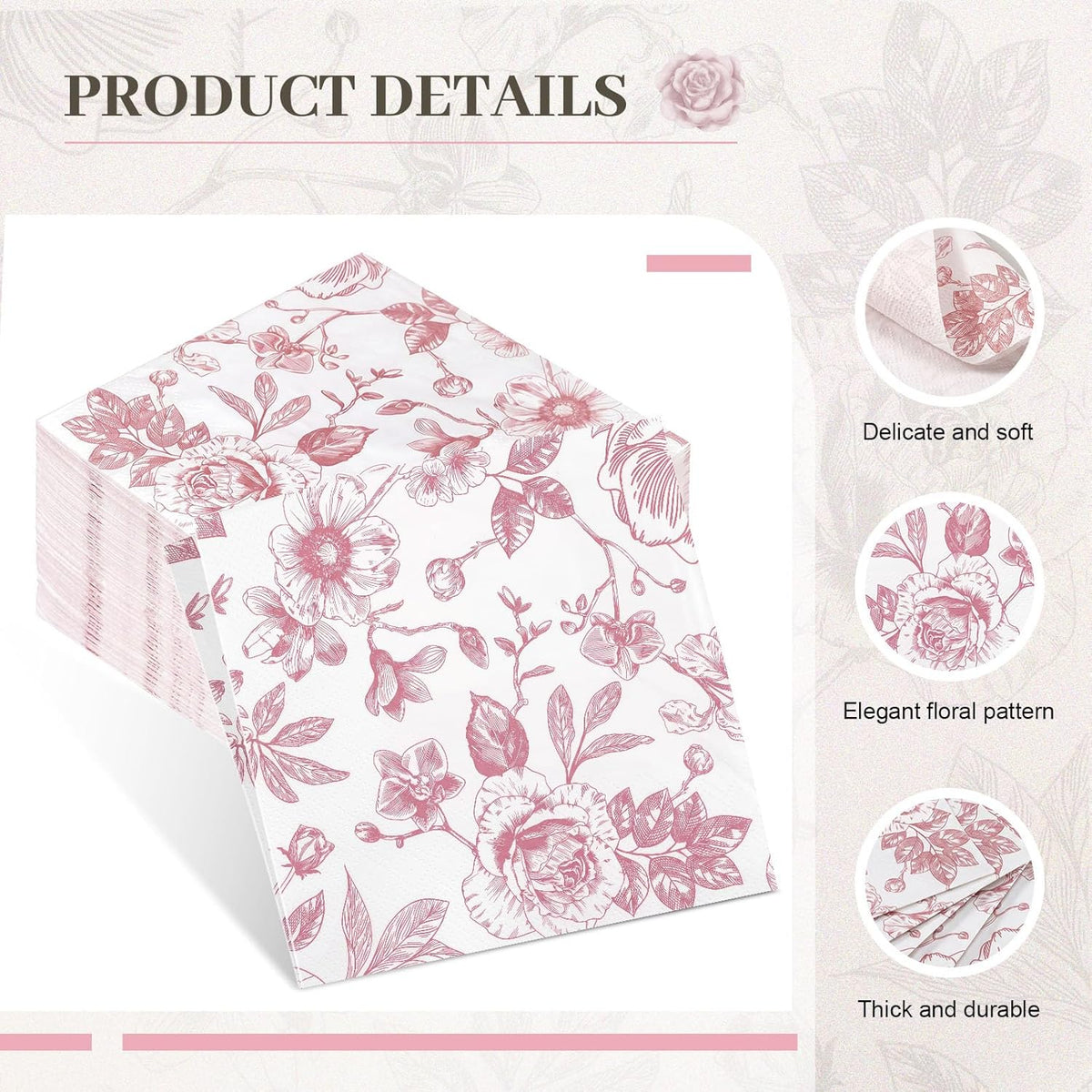100 Pcs Pink White Floral Cocktail Napkins, Disposable Paper Party