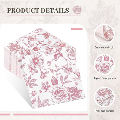 100 Pcs Pink White Floral Cocktail Napkins, Disposable Paper Party