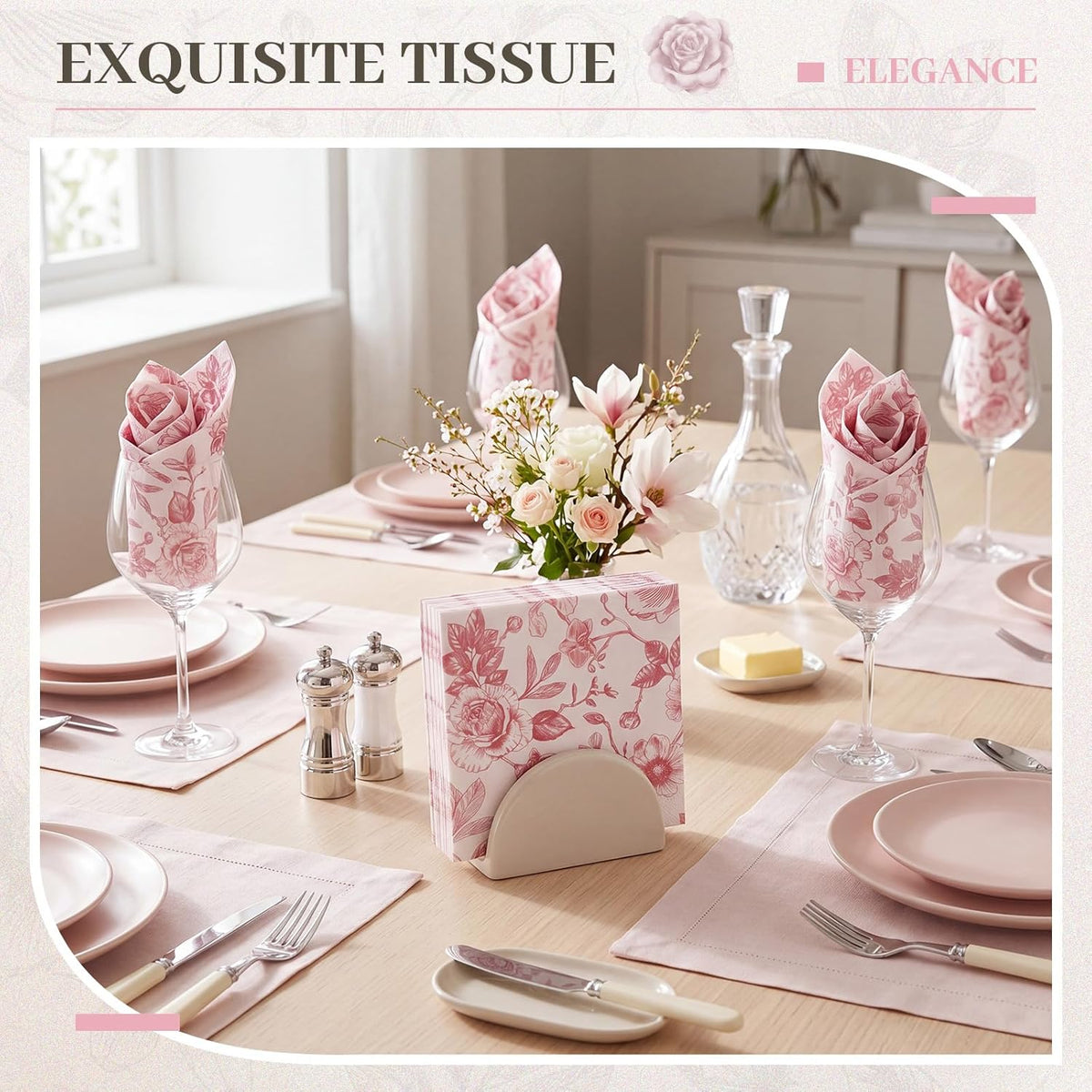100 Pcs Pink White Floral Cocktail Napkins, Disposable Paper Party