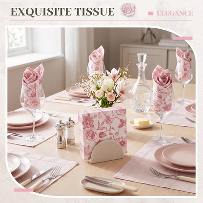 100 Pcs Pink White Floral Cocktail Napkins, Disposable Paper Party