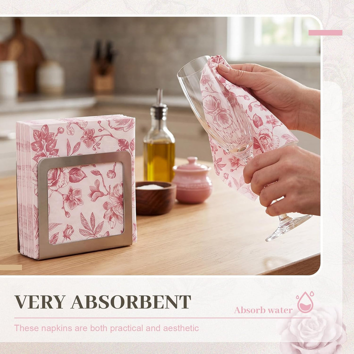 100 Pcs Pink White Floral Cocktail Napkins, Disposable Paper Party