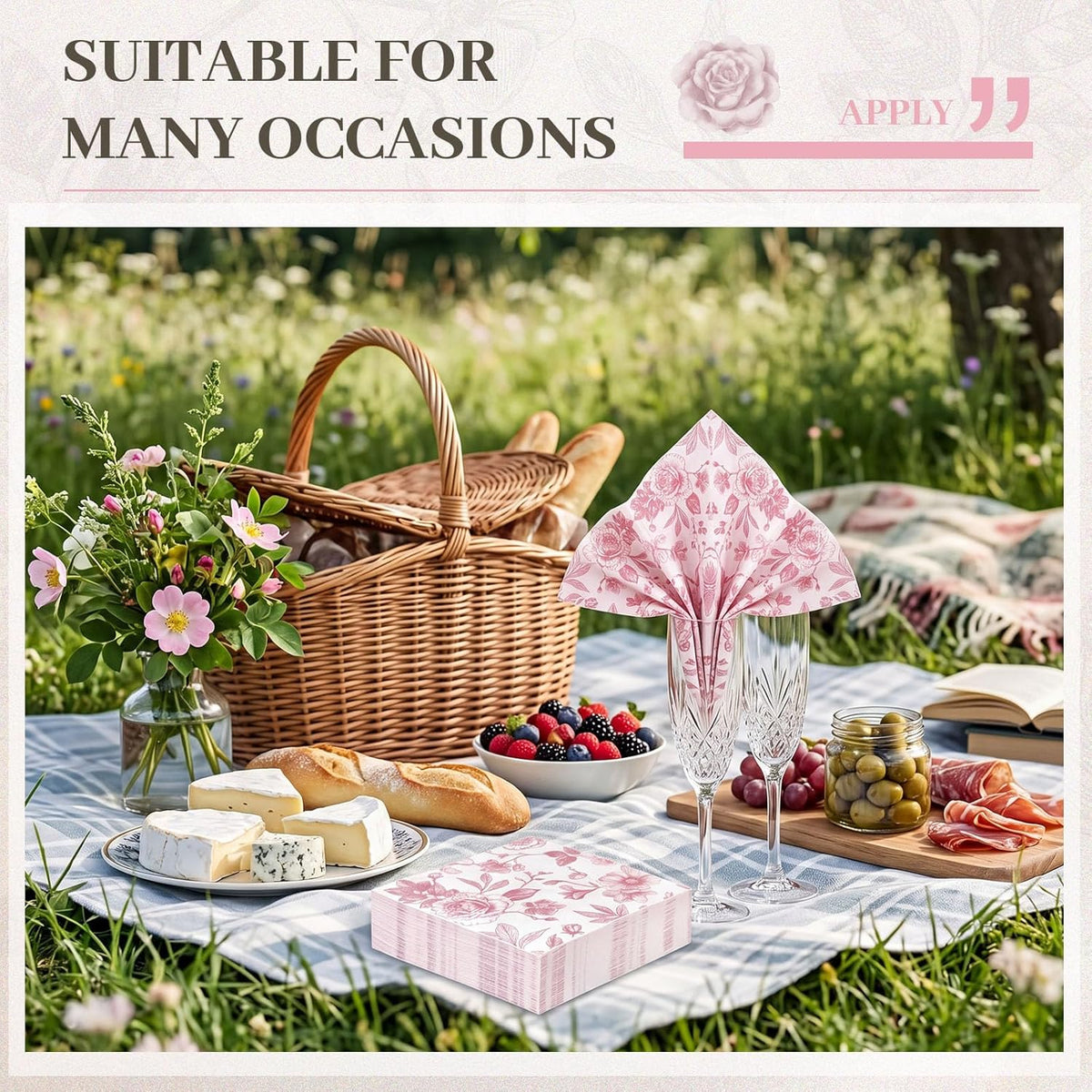 100 Pcs Pink White Floral Cocktail Napkins, Disposable Paper Party