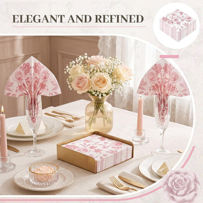 100 Pcs Pink White Floral Cocktail Napkins, Disposable Paper Party