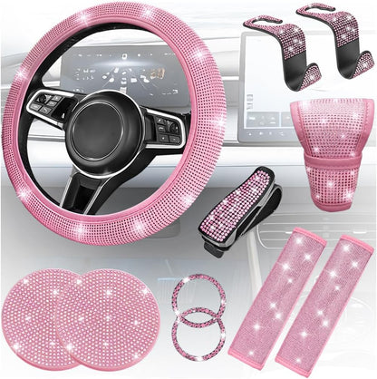 11PCS Rhinestone Car Interior Accessory Set, All Pink