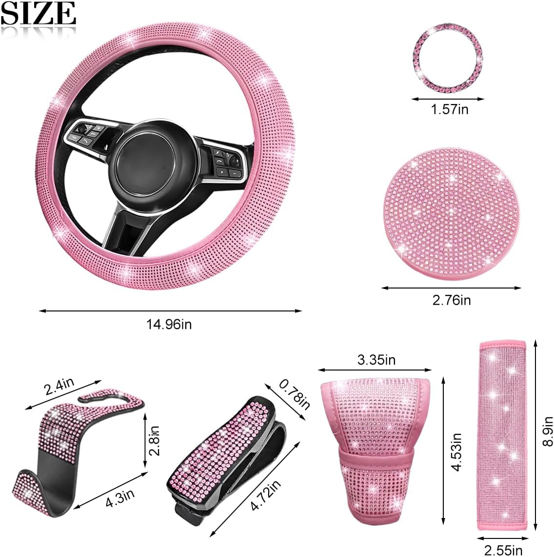11PCS Rhinestone Car Interior Accessory Set, All Pink