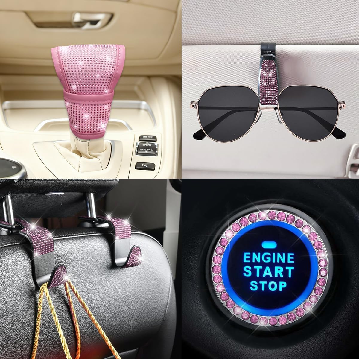 11PCS Rhinestone Car Interior Accessory Set, All Pink