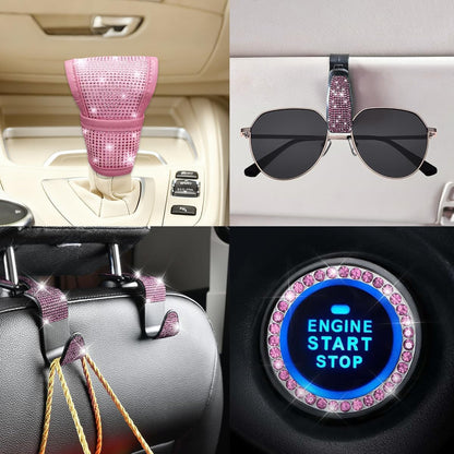 11PCS Rhinestone Car Interior Accessory Set, All Pink