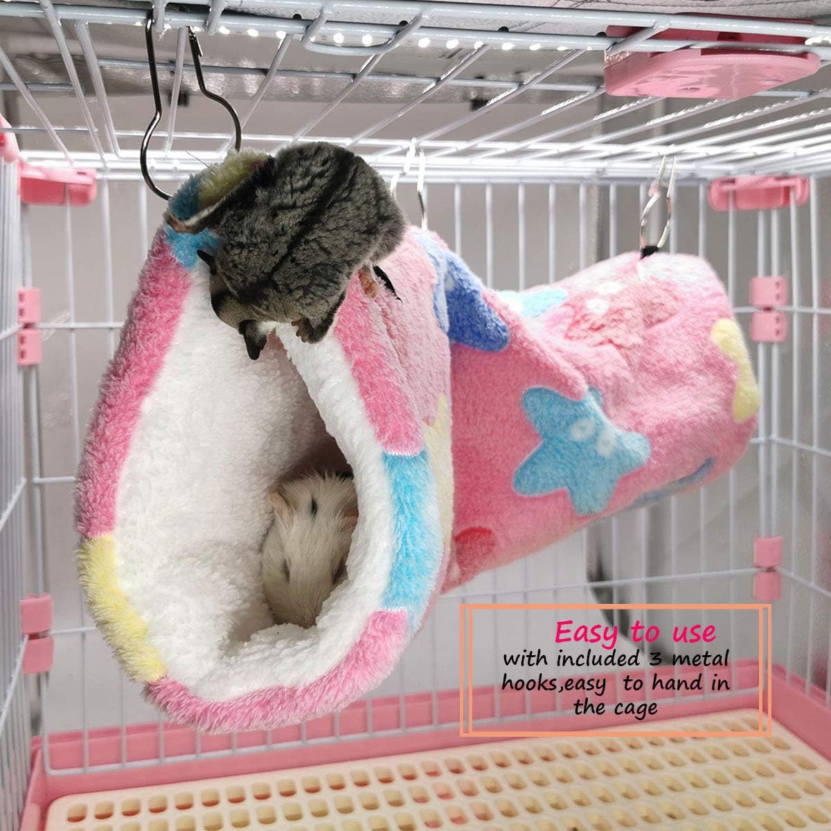 Guinea Pig Accessories Sugar Glider Cage Accessories Hamster Rat Toys Ferret Hammock Hanging Tunnel for Small Animals （Pink-Star）