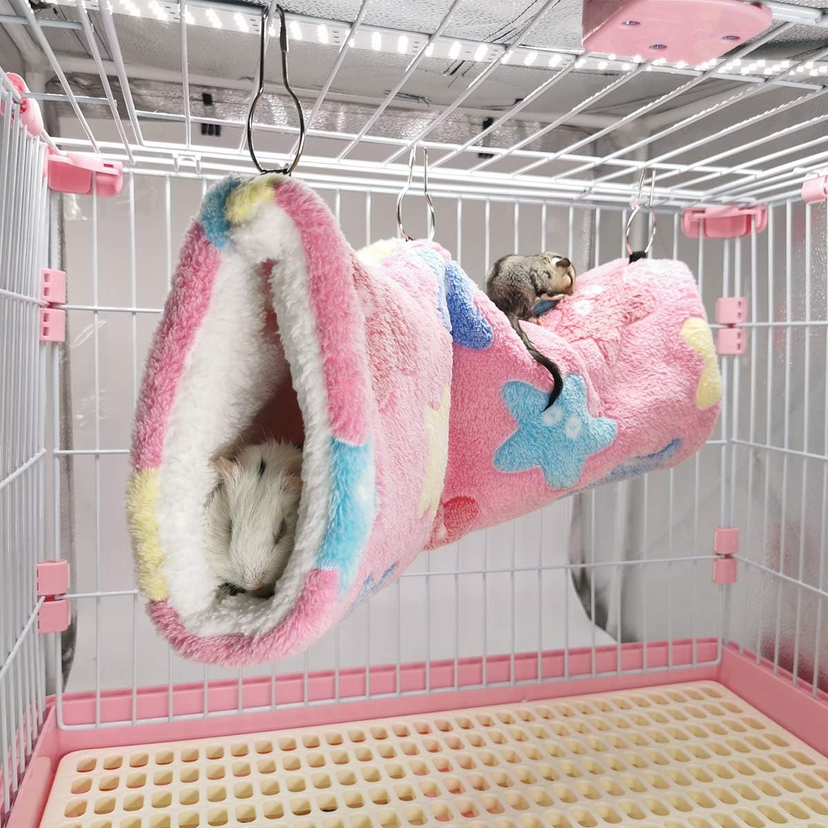 Guinea Pig Accessories Sugar Glider Cage Accessories Hamster Rat Toys Ferret Hammock Hanging Tunnel for Small Animals （Pink-Star）
