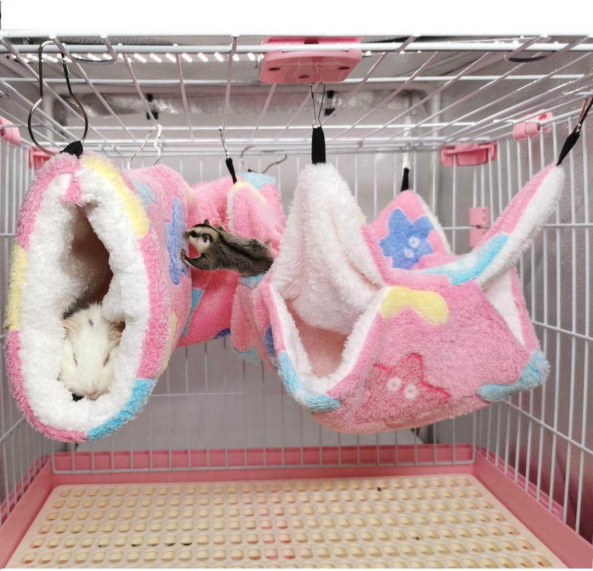 Guinea Pig Accessories Sugar Glider Cage Accessories Hamster Rat Toys Ferret Hammock Hanging Tunnel for Small Animals （Pink-Star）