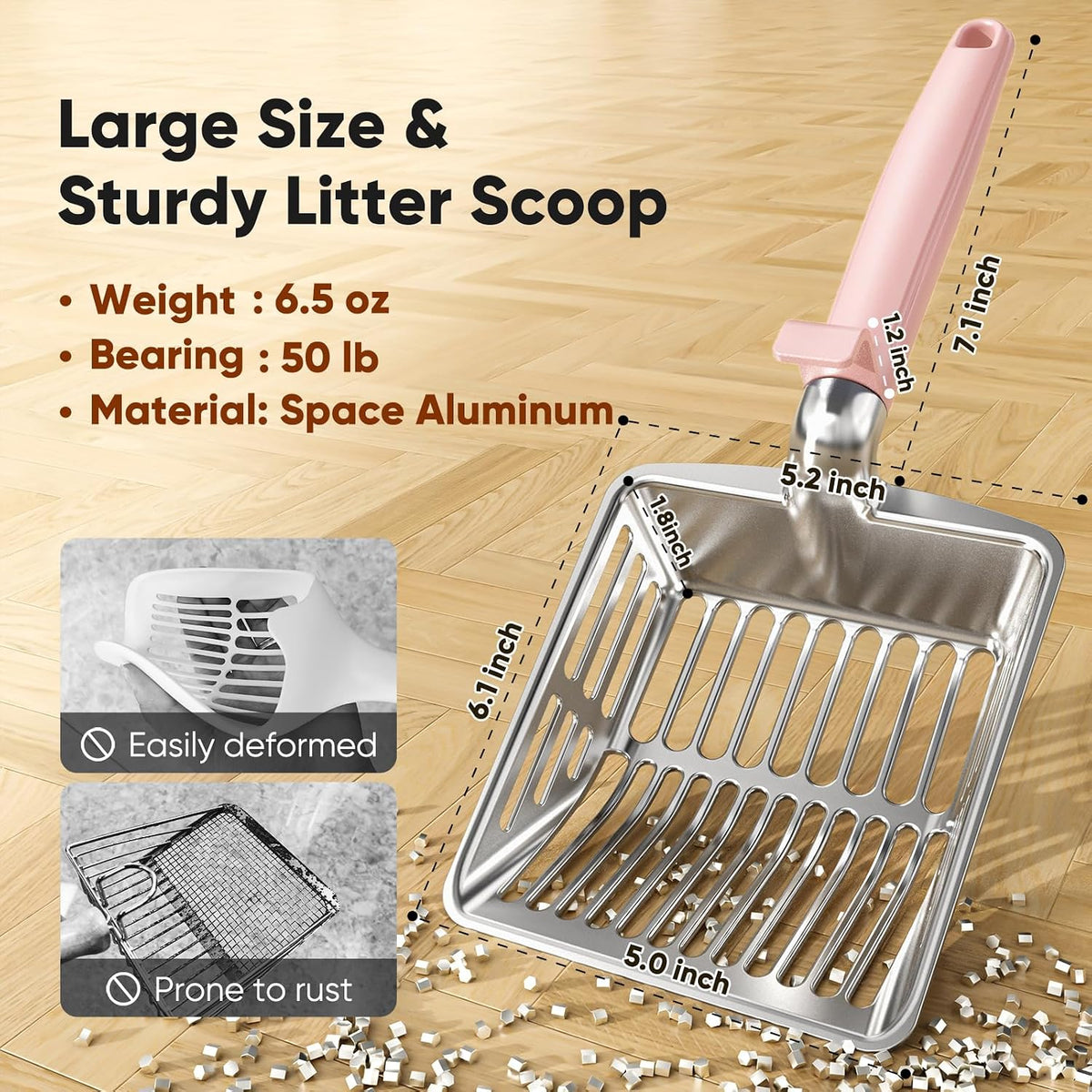 Large Metal Cat Litter Scoop w/ Deep Shovel, Dual-Size Holes & Hanging Hook