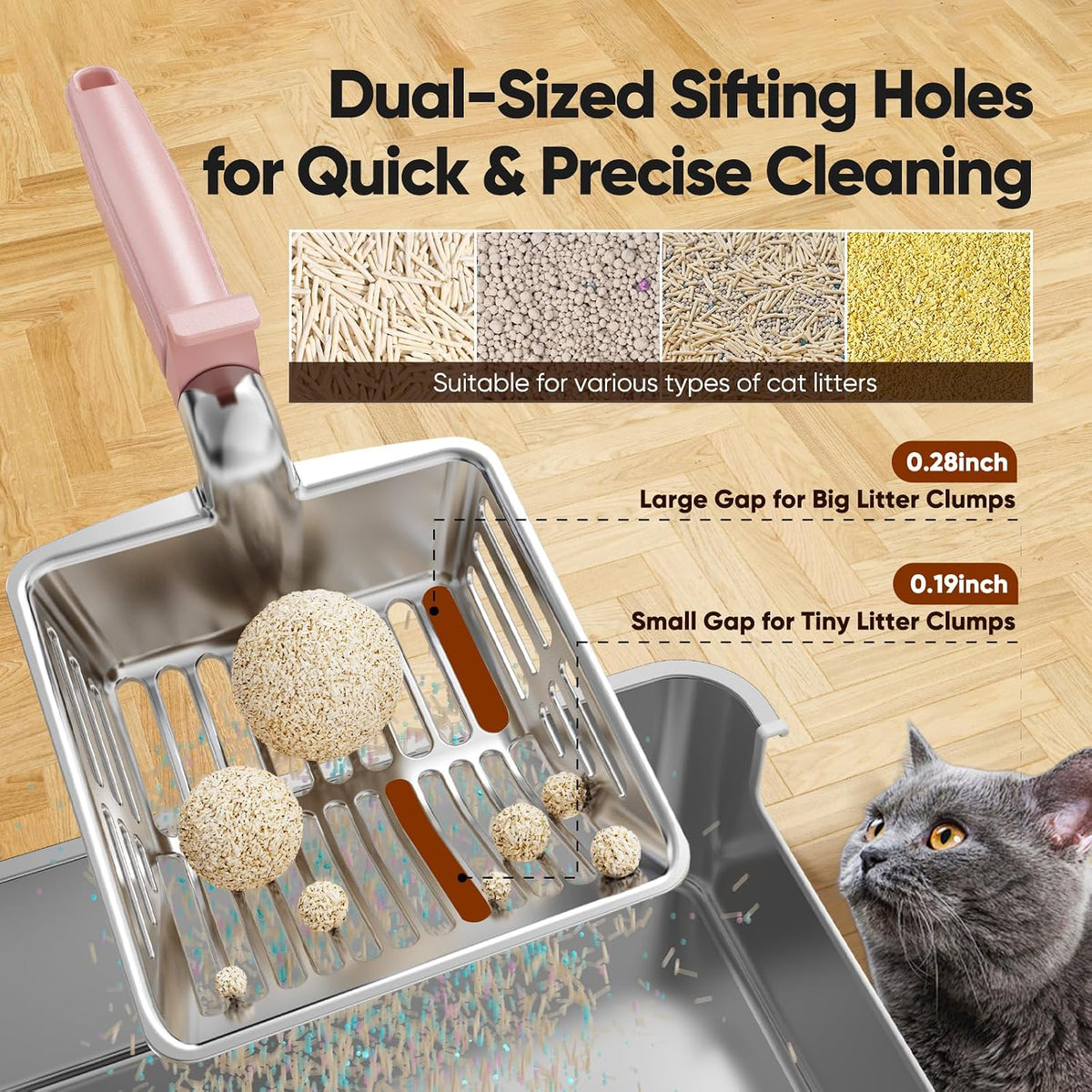 Large Metal Cat Litter Scoop w/ Deep Shovel, Dual-Size Holes & Hanging Hook