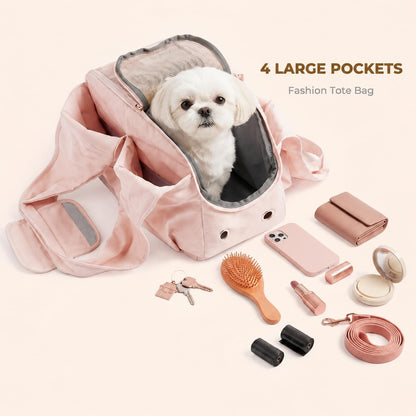 Fashion Dog Purse Carrier for Small Dogs, Soft-Sided Dog Bag Carrier with 4 Large Pockets, No Collapse, Lightweight, Smart Zipper Lock, Comfortable Puppy Cats Rabbit Carrier for Travel, Outdoor(Pink)