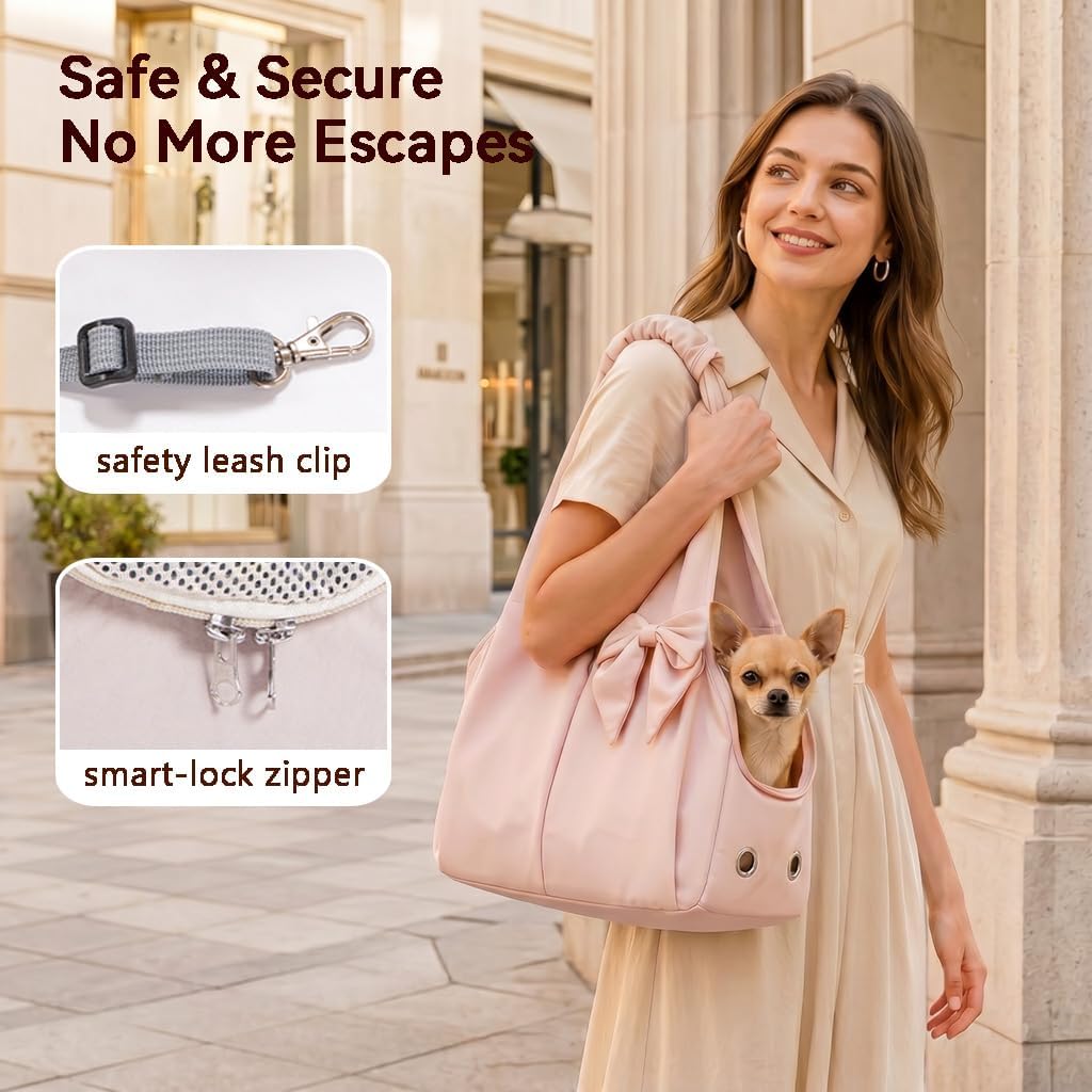 Fashion Dog Purse Carrier for Small Dogs, Soft-Sided Dog Bag Carrier with 4 Large Pockets, No Collapse, Lightweight, Smart Zipper Lock, Comfortable Puppy Cats Rabbit Carrier for Travel, Outdoor(Pink)