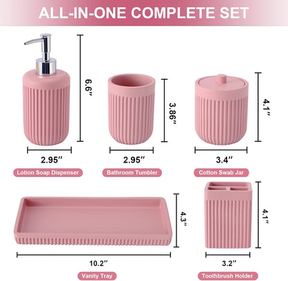 XLHOMO Resin Pink Bathroom Accessories Set 5 Pcs, Lotion Soap Dispenser, Toothbrush Holder, Bathroom Tumbler, Qtip Holder and Vanity Tray, Bathroom Countertop Organizer Set for Modern Home Apartment