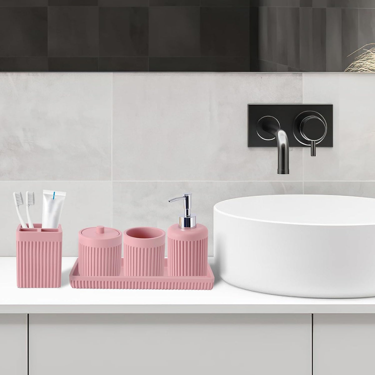 XLHOMO Resin Pink Bathroom Accessories Set 5 Pcs, Lotion Soap Dispenser, Toothbrush Holder, Bathroom Tumbler, Qtip Holder and Vanity Tray, Bathroom Countertop Organizer Set for Modern Home Apartment