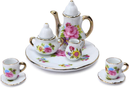 Miniature Tea Set 1/6 Scale Dollhouse Accessories Porcelain, Pink