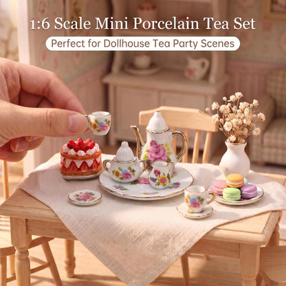 Miniature Tea Set 1/6 Scale Dollhouse Accessories Porcelain, Pink