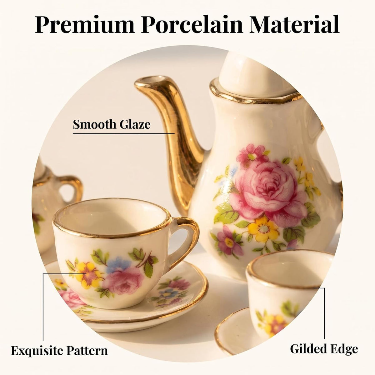 Miniature Tea Set 1/6 Scale Dollhouse Accessories Porcelain, Pink