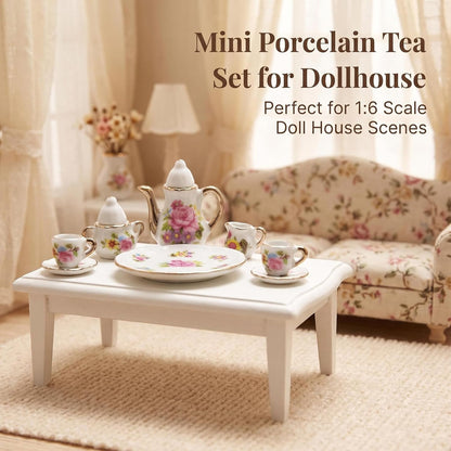 Miniature Tea Set 1/6 Scale Dollhouse Accessories Porcelain, Pink