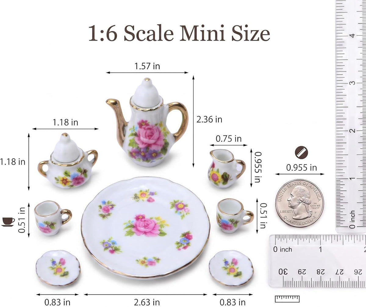 Miniature Tea Set 1/6 Scale Dollhouse Accessories Porcelain, Pink