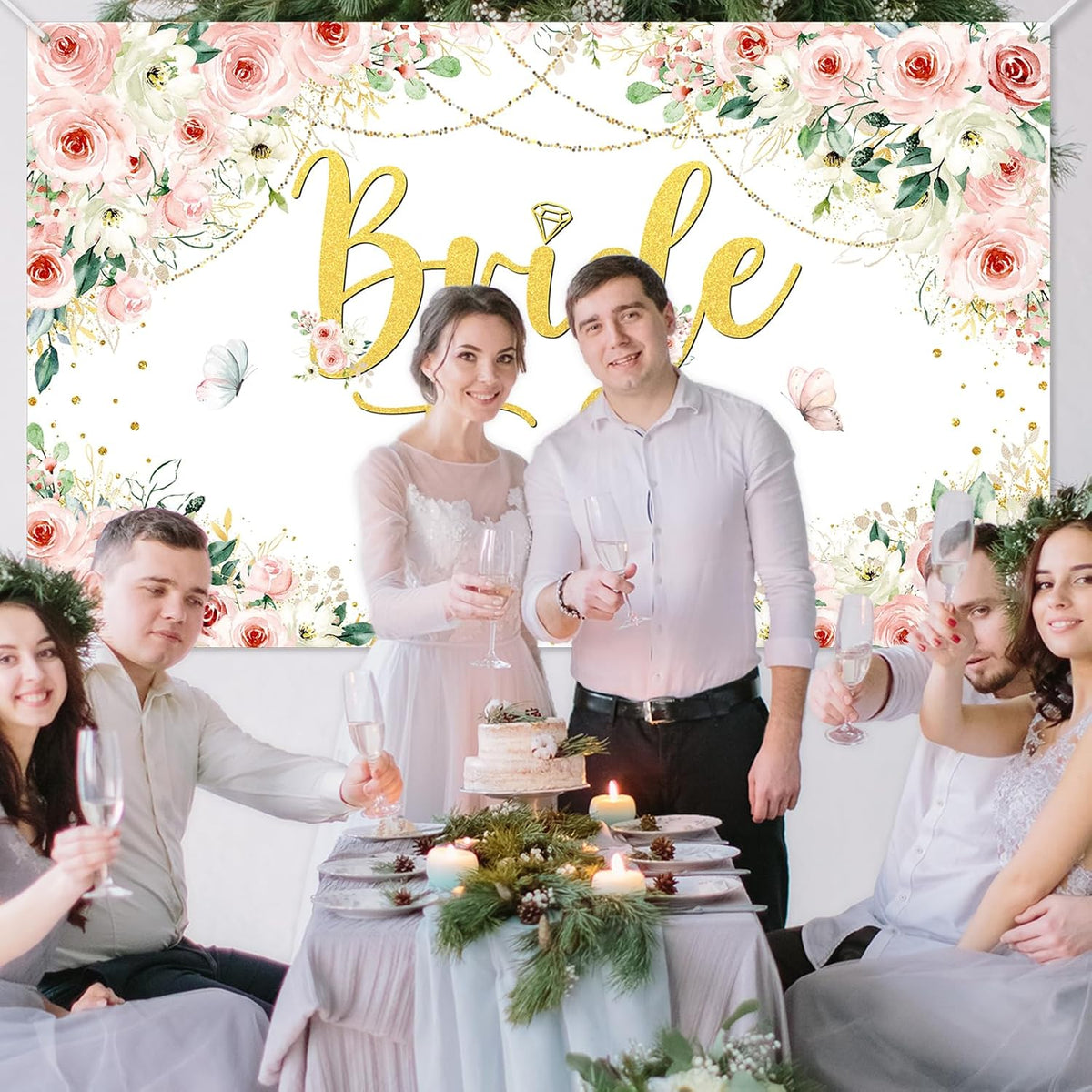 Pink Floral Bridal Shower Backdrop Banner 6x3.6ft
