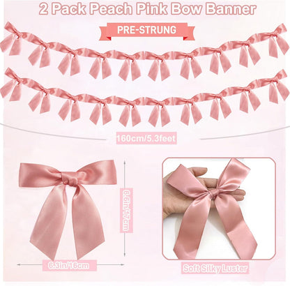 2pcs Peach Pink Bow Garland Banner Ribbon Bow Party Décor for Baby Shower Women Girls Bow Coquette Birthday Party Decorations