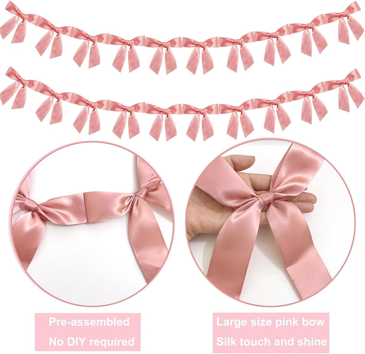 2pcs Peach Pink Bow Garland Banner Ribbon Bow Party Décor for Baby Shower Women Girls Bow Coquette Birthday Party Decorations
