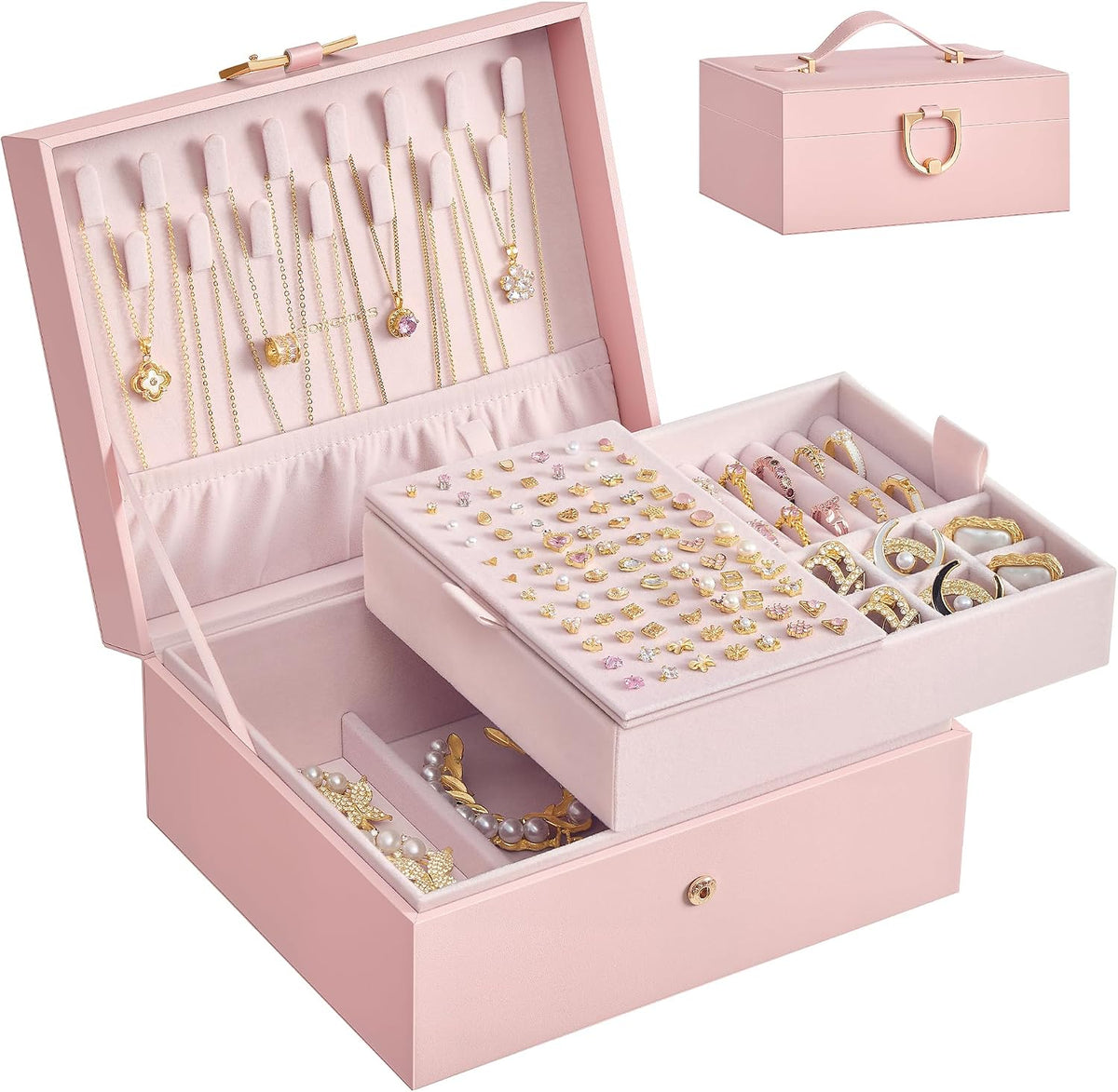 SONGMICS 2-Layer Jewelry Box, Jewelry Organizer with Handle, Removable Tray