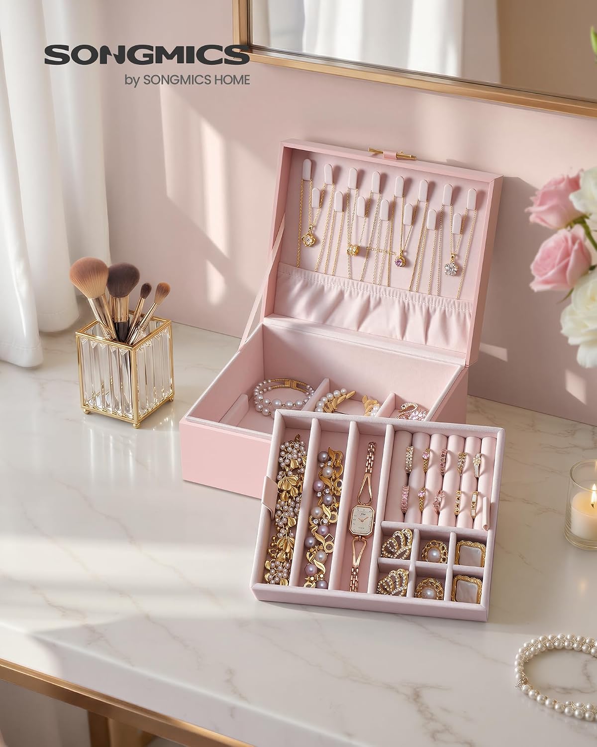 SONGMICS 2-Layer Jewelry Box, Jewelry Organizer with Handle, Removable Tray